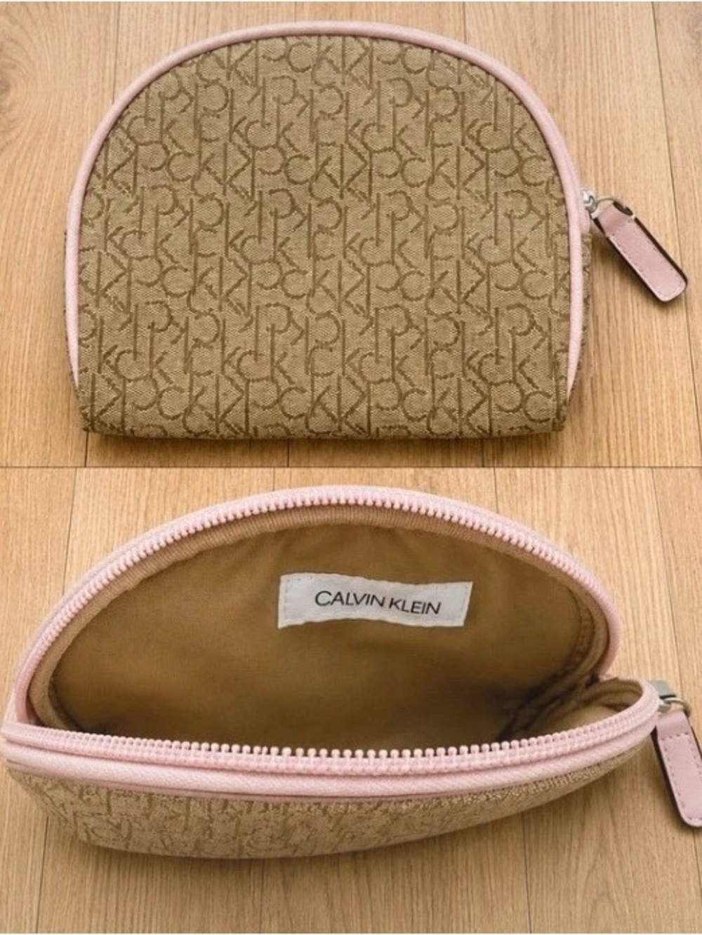 Calvin Klein Tan Monogram Coin Pouch with Light Pink Trim